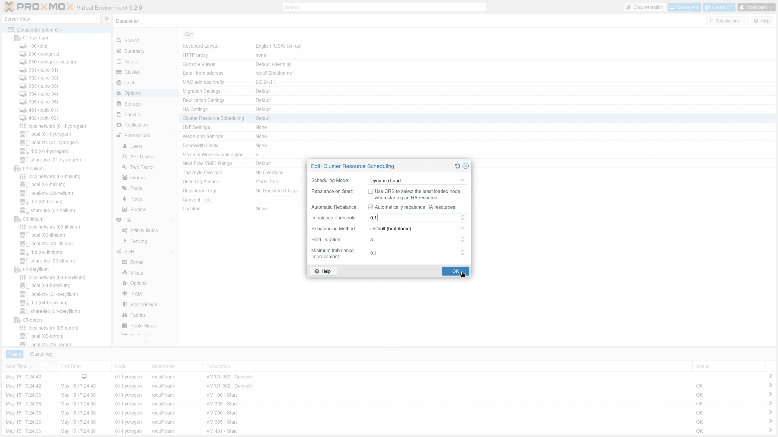 Proxmox VE dashboard